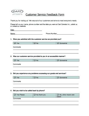 Fillable Online Customer Service Feedback Form Dart Container Fax