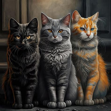 Uma Pintura De Tr S Gatos Olhos Amarelos E Um Gato Preto E Cinza