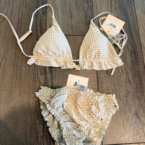 Kittenish Swim Kittenish Gingham Ruffle Bikini Set Cream Khaki Nwt Poshmark