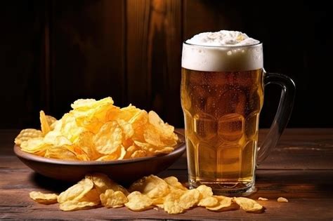 Premium AI Image Blonde Beer With Foamy Head And Chips In Bowl Ideal For Pubs Restaurants Beer