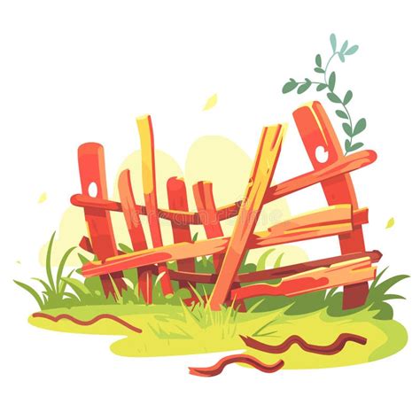 broken wooden fence surrounded grass foliage vibrant colors cartoon