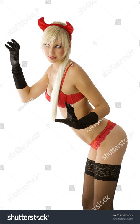 Sexy Blond Girl Red Bikini Horns Foto Stok 37930003 Shutterstock