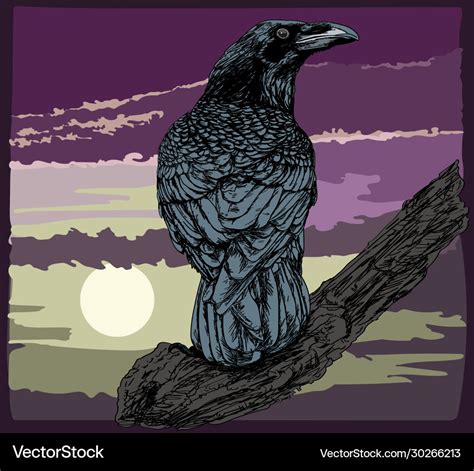 Raven Crow On Branch Hand Drawn Royalty Free Vector Image