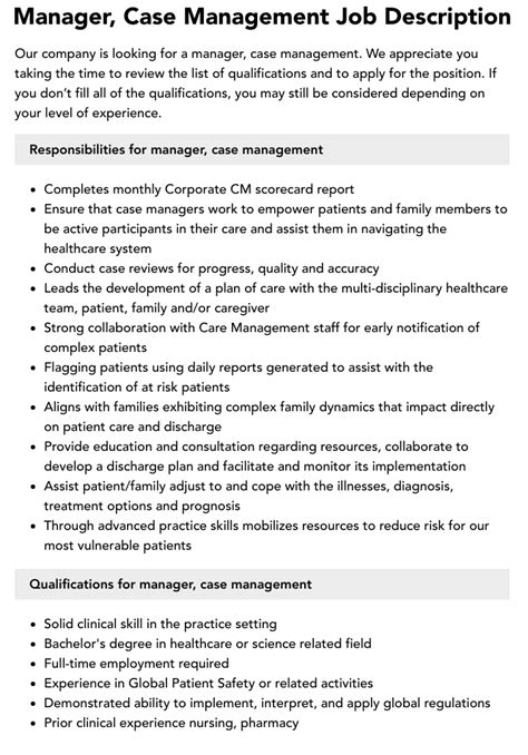 Manager, Case Management Job Description | Velvet Jobs