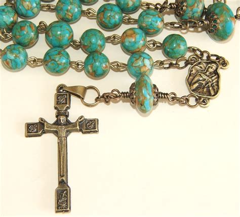 Catholic Rosary 3 Decades Turquoise Mosaic Stone Felt