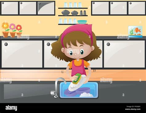 Little girl washing dishes in kitchen illustration Stock Vector Image & Art - Alamy