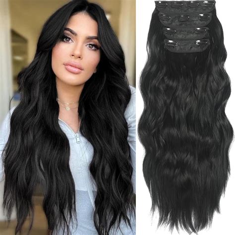 Black Clip In Hair Extensions 4 Pcs Natural Soft Long Wavy Clip On Synthetic Hair