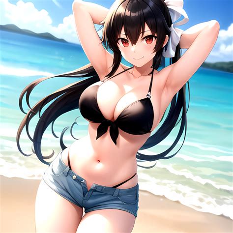 Girl Arms Behind Head Armpits Beach Bikini Bikini Under Shorts Black Bikini Black Hair Blurry