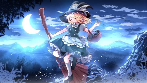 Apron Blonde Hair Clouds Dress Forest Hat Kirisame Marisa Moon Night Risutaru Sky Touhou Tree