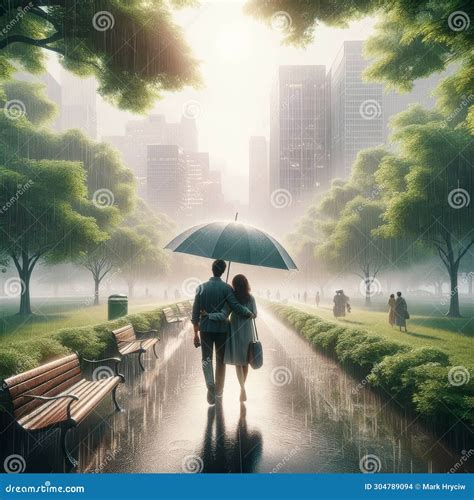 Couple Walking Evening Stroll Raining Pouring Umbrella Lush Green Park