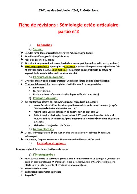 Sémiologie ostéo articulaire partie 2 Fiche de révisions Sémiologie