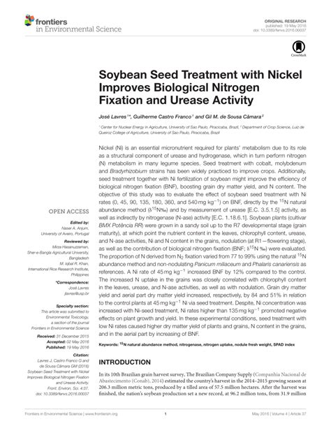 Pdf Soybean Seed Treatment With Nickel Improves Biological Nitrogen