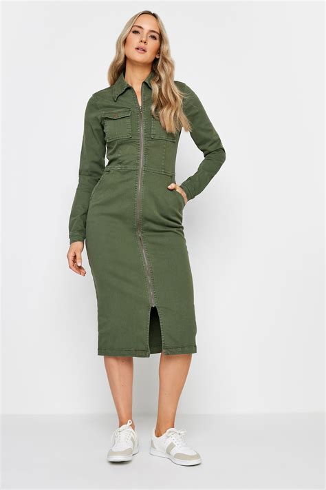 Lts Tall Womens Khaki Green Denim Zip Through Midi Dress Long Tall Sally