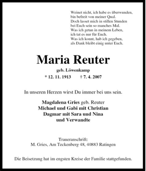 Traueranzeigen Von Maria Reuter Trauer In NRW De