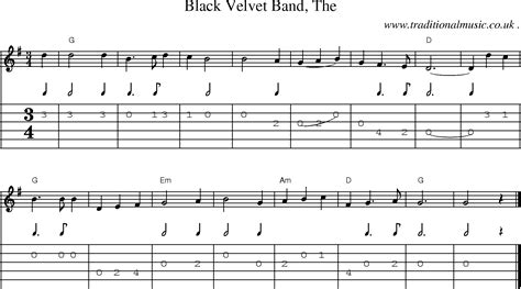 Common session tunes, Scores and Tabs for Guitar - Black Velvet Band The