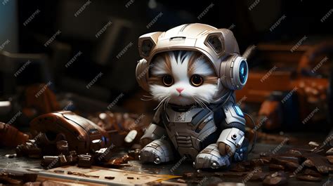 Premium Photo Cute Kitten Wearing Robot Suit Background Generative Ai