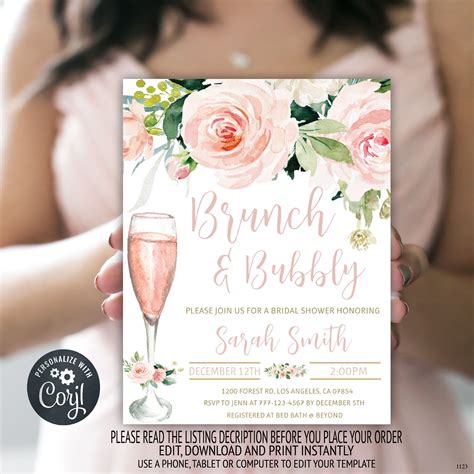 Brunch And Bubbly Bridal Shower Invitation Floral Wedding Etsy In 2020 Floral Wedding Shower