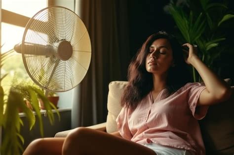 Premium Photo Woman Tired Sweltering Cooling With Electric Fan Blowing In Face Hot Summer