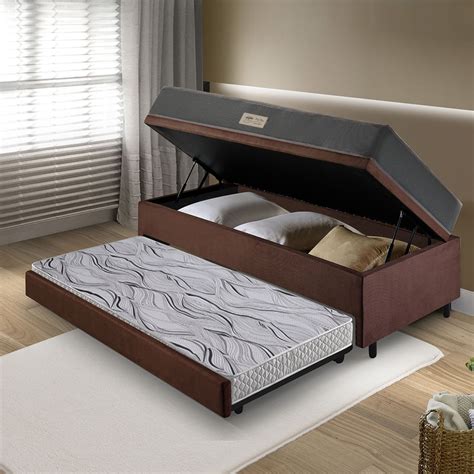 Cama Box Solteiro Com Bau E Colchao - Bicama Box Baú Solteiro com Colchão Dual Firm Ecoflex Suede Marrom ...