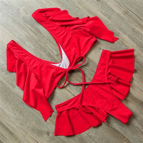 Customize Solid Ruffled Bikini Swimsuit Female Sexy Deep V Bathing Suit Women Thong Bikini