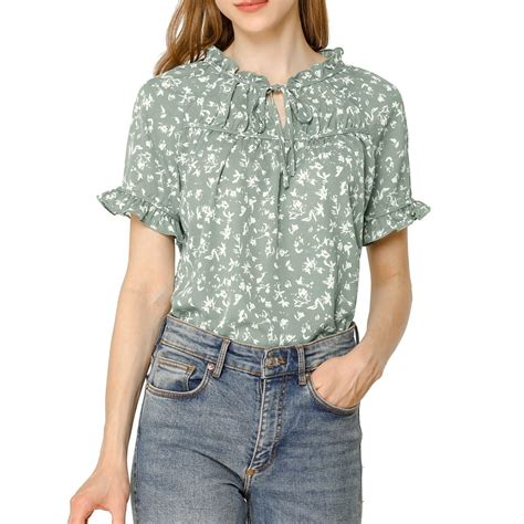 Allegra K Allegra K Womens Floral Print Tie Neck Short Sleeves Peasant Blouse