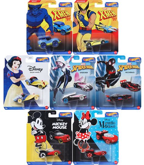 Hot Wheels Character Cars Disney And Marvel With X Men Miles Morales Spider Gwen Snow White