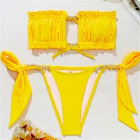 Callie Lives Swim Stasia Booblicious Bold Yellow Dangling Rhinestone Charm String Bikini
