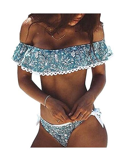 Sexy Women Two Pieces Floral Print Crop Ruffled Off Shoulder Bikini White Cj C