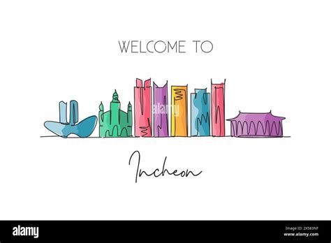 Single Continuous Line Drawing Incheon Skyline South Korea Famous