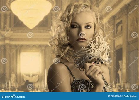 Blonde Girl With Silver Mask Looks At Right Stock Image Image Of Caucasian Glow 27607663