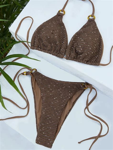 Glitter Bikini Set Ring Linked Triangle Bra Tie Side Bottom 2 Piece