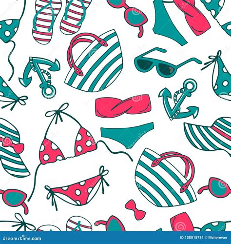 Summer Beach Seamless Pattern With Striped Beach Bag Sun Hat Bikini Swimsuit Anchore
