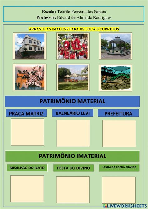 Patrimônio material e imaterial worksheet Pedagogia Historia Geografía