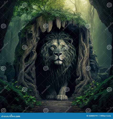 Lion Coming Out of the Den in the Forest, Generative AI Stock ...