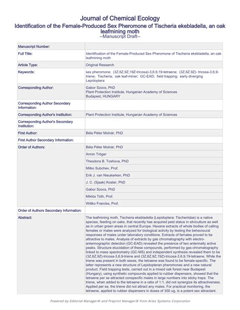 PDF Identification Of The Female Produced Sex Pheromone Of Tischeria