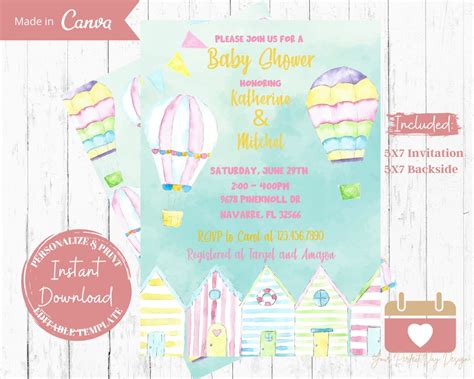 Hot Air Balloon Baby Shower Invitation Gender Neutral Baby Shower Invites Beach Baby Shower