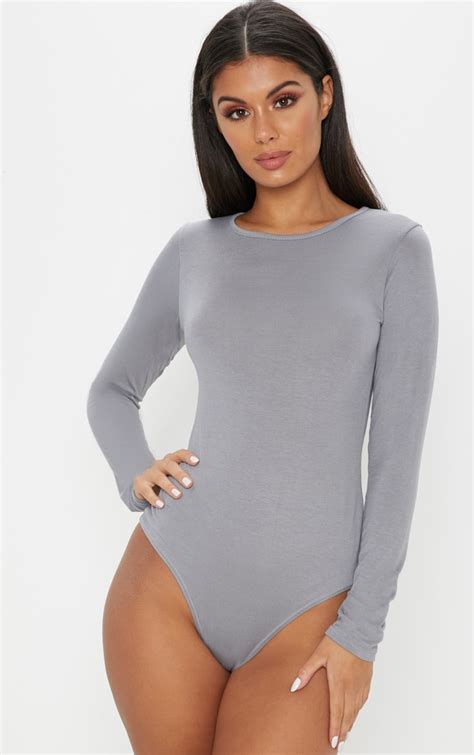 Space Grey Crew Neck Bodysuit Tops Prettylittlething Aus