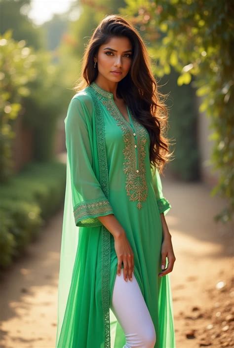 Anushka Sharma Hot Green Salwar Kurti White Tight Leggings Outdoor Legs Spreadin SeaArt AI