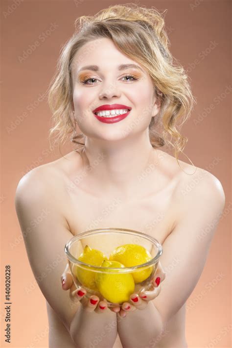 Sexy Fruit Series Sensual And Naked Caucasian Blond Girl Holding Glass
