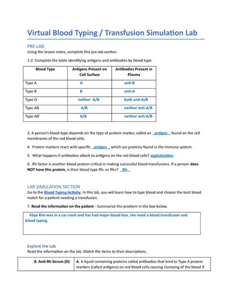 Blood Typing Simulation Lab Handout Virtual Blood Typing