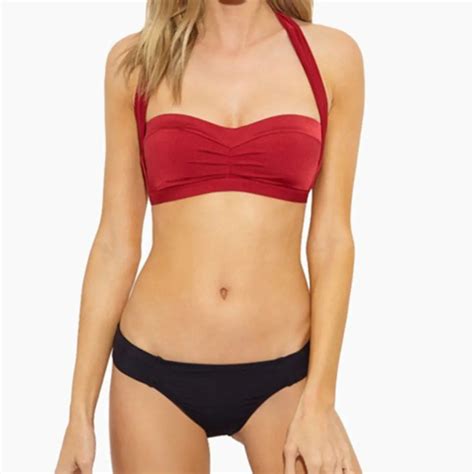 Women Red Solid Swimwear Sling Bikini Solid Two Piece Swimsuit Bra Push Up Bandage Beach Low