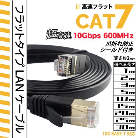 選べる長さ1m〜30m Cat7 フラットlanケーブル 超高速10gbps カテゴリー7 600mhz フラットタイプ薄型 ブラック