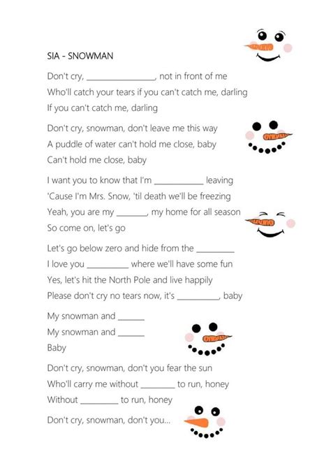 Sia Snowman Worksheet Listening Comprehension Christmas Lesson