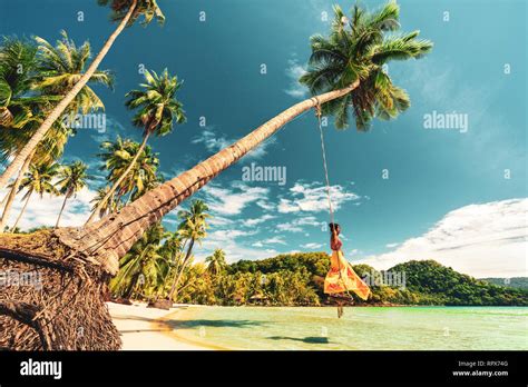 Active Lifestyle Travel Girl In Bikini Coming Down The Wooden Stairs In Crystal Clear Water