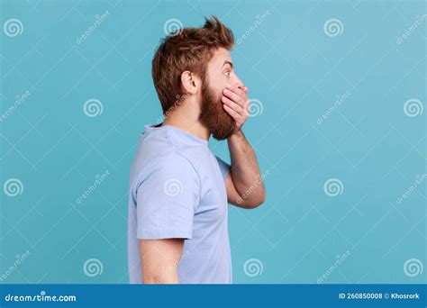 Man In Blue T Shirt Zipping Mouth Keeping Secret Information Looking
