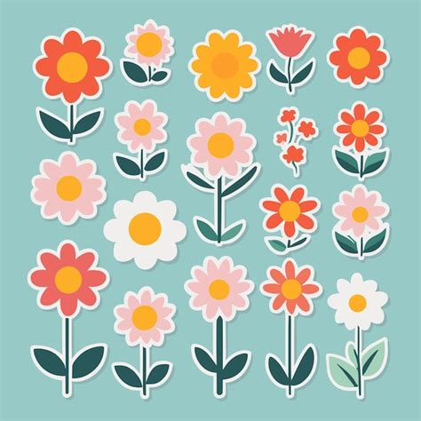 Colección de flores con pegatinas de flores lindas Vector Premium