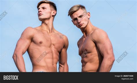 Men Muscular Chest Naked Torso Stand Sky Background Men Muscular Athlete Bodybuilder Show