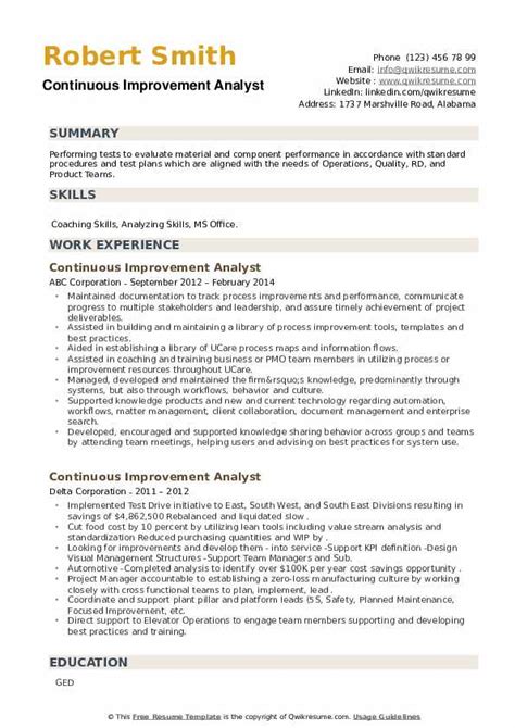 Continuous Improvement Analyst Resume Samples QwikResume