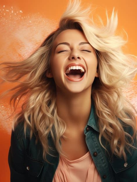 Premium AI Image Beautiful Woman With Long Straight Blonde Hair Laughing Out Loud Isolated On