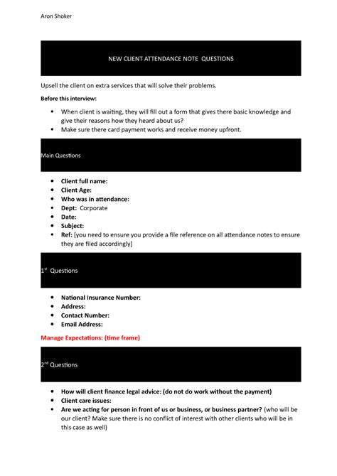 Attendance Note Template Aron Shoker New Client Attendance Note